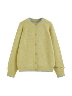 Fuzzy Knit Button Down Cardigan Sweater Contrast Trim Crewneck